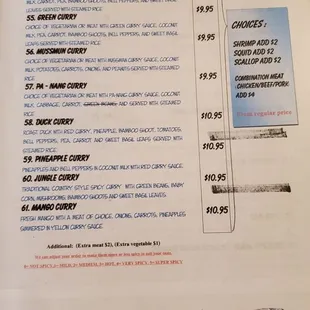 the menu for the thai curry restaurant
