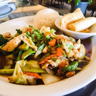 Kung Pao Chicken with steamed rice, spring roll, and crab rangoon. I chose level one (0-5) spice and it was wonderful!