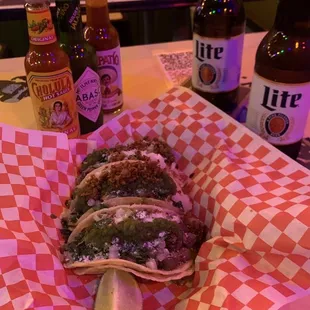 Chicken Tacos and Carne Asada Taco.