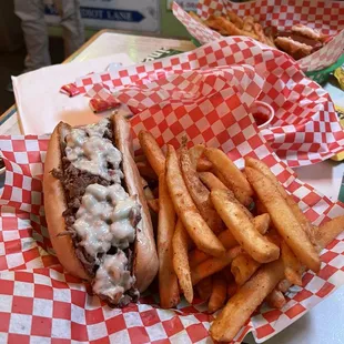 Philly Hoagie grilled onions and cheese with seasoned fries, paired with side of BBQ. Scrumptious.