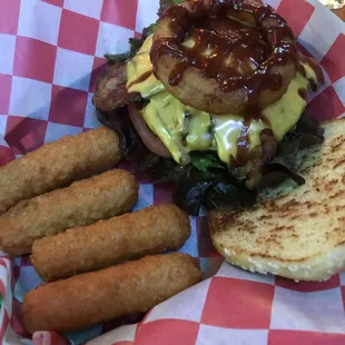 Western bbq bacon cheeseburger with mozzarella sticks!