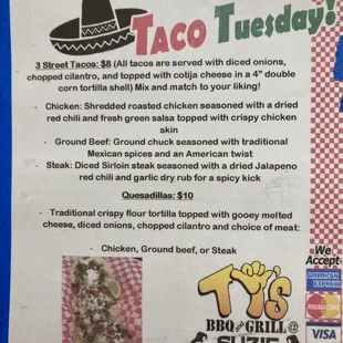 Taco Tuesday menu - all delicious!