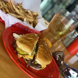 Double cheese, grilled onions with half fries!
