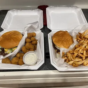 2 Double cheese burgers, 1 with a 1/2 order of fries and the other with fried mushrooms!