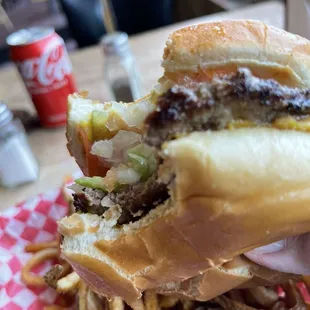 Cheeseburger, fries and a Coke.