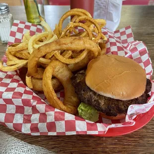 Hickory 1/3 pound burger with curly fries and onion rings. Hours are Monday-Sat. 11:00am to 6:00pm