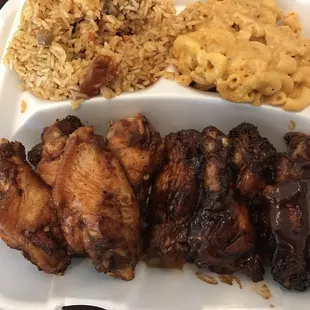 Henny wings, lemon pepper wings, mac and cheese, peas &amp; rice