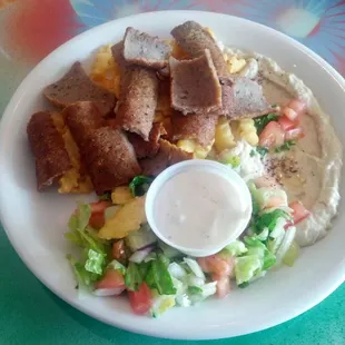 Lamb Gyro, baba ghanouj, salad and fries