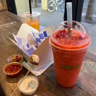 Strawberry fever, popcorn chicken, Thai Tea Snow