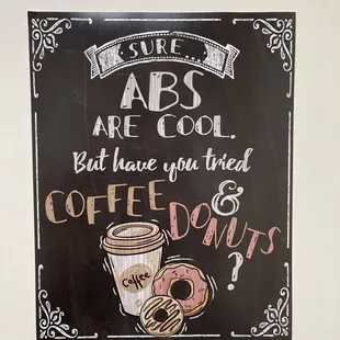 a blackboard with a chalk drawing of a cup of coffee and a donut