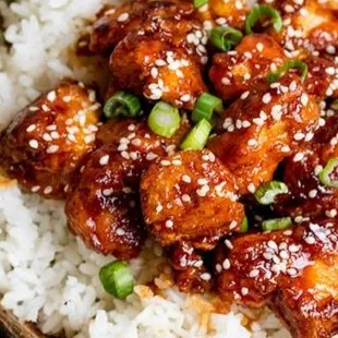 a bowl of rice and chicken with sesame seeds and scallions