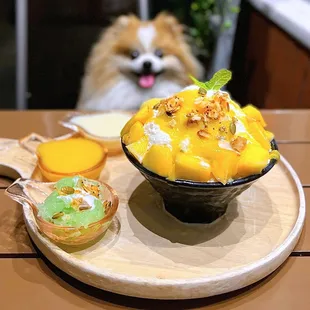 Mango Sticky Rice Bingsoo: Korean snow ice w/ homemade crumble, pandan sticky rice, mango purée, condensed milk | $18
