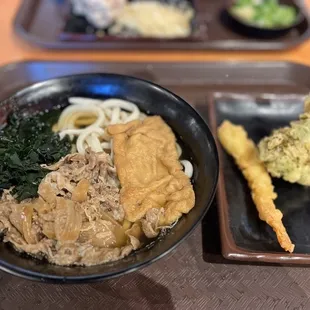 Niku Soup (with add-on Seaweed and Kitsune Tofu) + Shrimp and Broccoli Tempura