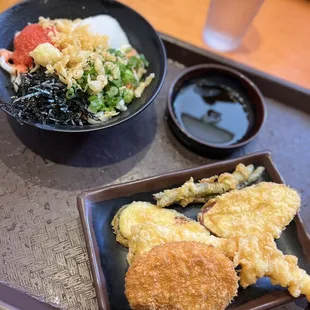 Men-Tama Udon ($10.75), assorted tempura ($0.99 each), and potato croquette ($2.99)  IG: @ohmyono