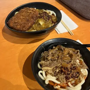 Katsu Curry Soup and  Niku Soup with added chili sauce