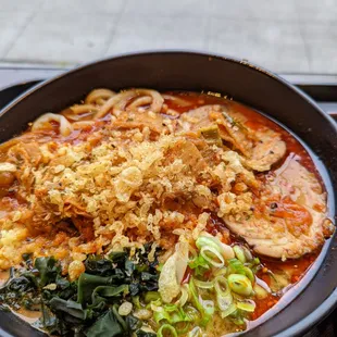 Kimchi udon with added spicy oil