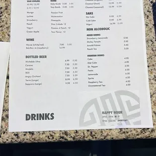 Drinks menu
