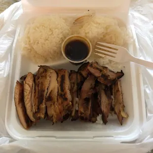 Chicken teriyaki! Less than $8 and plenty of meat. I asked for sauce on the side for my own preference but their sauce is delicious!
