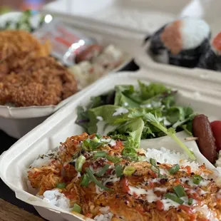 a meal in a styrofoam container