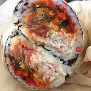 Build your own.  2 proteins ( spicy tuna &amp; crab meat), masgo, seaweed salad, green onion, spicy mayo, spicy wasbi, &amp; house ponzu $10.49