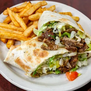 a burrito and fries on a plate