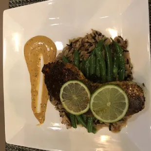 Catch of the Day. Blackened Swordfish over wild rice and green beans.