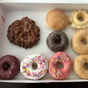 Apple Fritter, Cream cheese filled, Cake, 2x Glazed, Red Velvet, White Sprinkle, Pink Sprinkle, Chocolate cake