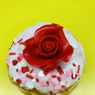 Valentines red flower sprinkle glaze donut