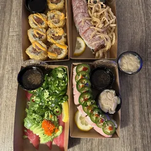 Top= Tempura Spicy Tuna Roll and Balcony. Bottom= Tuna Carpaccio and Macho Hamachi RollS