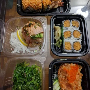 Brookline maki, sake aburi, spicy salmon maki, seaweed salad, spicy tuna salad