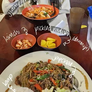 japchae bap, complimentary banchan (side dishes), and jjamppong