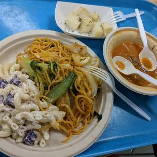 Hot and spicy kimchi soup, tofu fries and hawaiin noodles