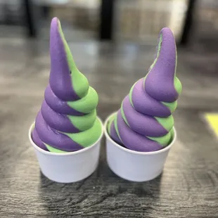 two bowls of purple and green ice cream