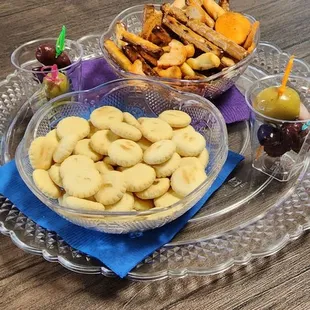 a platter of cookies and crackers