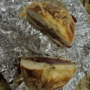Rueben on Asiago cheese bagel