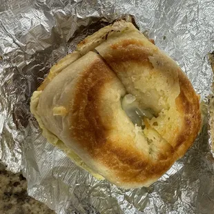 Sausage egg and cheese on Asiago