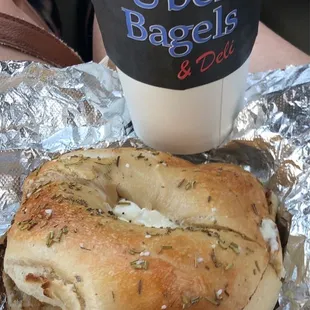 Rosemary and sea salt bagel with veggie cream cheese