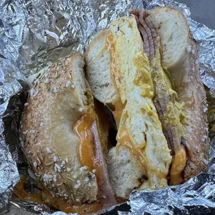 Best breakfast sandwich I've had in the area. Plenty of egg, meat and cheese in a large bagel.