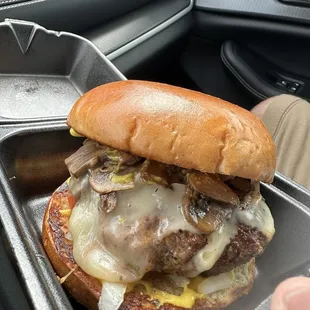 Burger with pepper Jack cheese and mushrooms