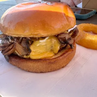 Original UBP Burger with cheese and mushrooms.