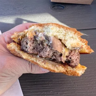 Original UBP Burger with cheese and mushrooms.