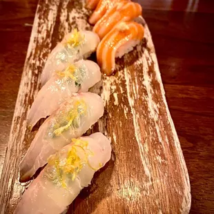 Salmon and halibut nigiri