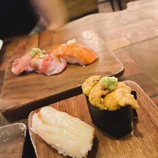 Hokkaido scallop nigiri, hokkaido uni nigiri, bluefin toro nigiri, salmon belly nigiri