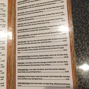 sushi and sashimi, menu