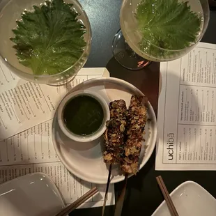 pork belly skewer and shiso tini