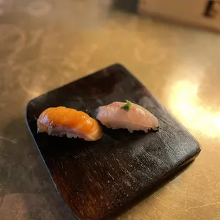 Scottish salmon and kanpachi amberjack nigiri