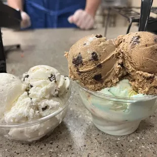 (Left): Mint Chocolate Chip and (Right) Double Scoop of All Nighter and party cake Delicious Decade.