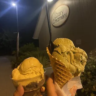 Left: Mango basil, U be-be baby right: Peach Green Tea in a waffle cone