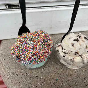 (Left): Nom nom covered in nonpareils, the shop ran out of sprinkles. (Right): Mint Chocolate Chips ice cream