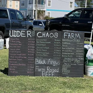 a chalk board with prices of produce
